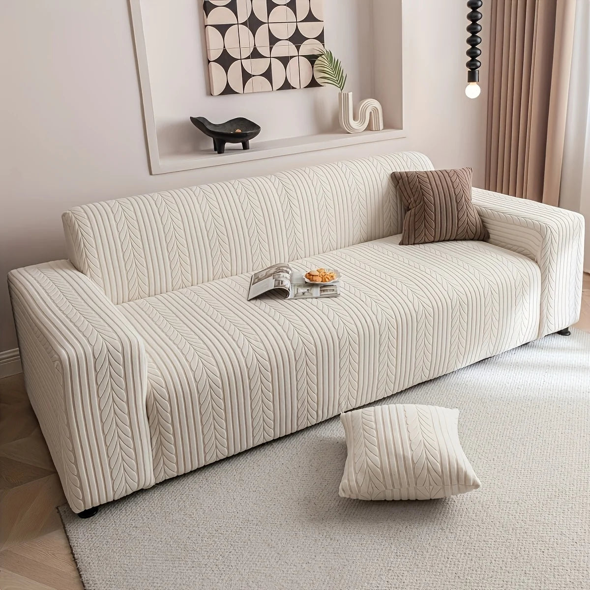 housse canapé polyester jacquard rayures verticales moderne beige clair salon lavable machine doux accueil
