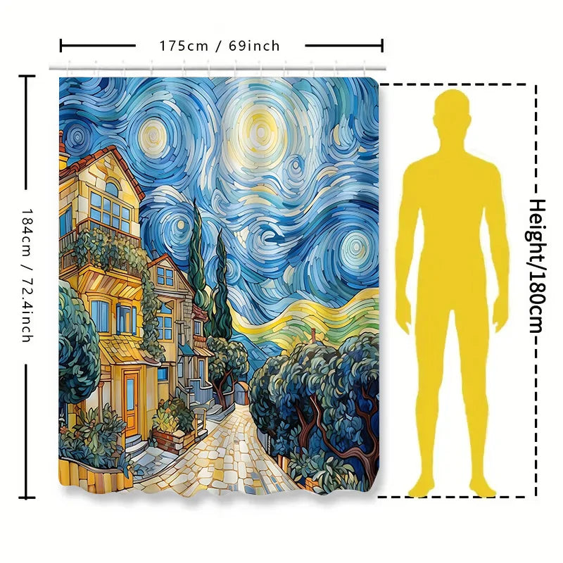 rideau douche van gogh village nuit étoile bleu jaune impressioniste classique polyester durable
