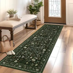 tapis runner floral vert foncé motifs végétaux décoratif moderne antidérapant polypropylène polyester