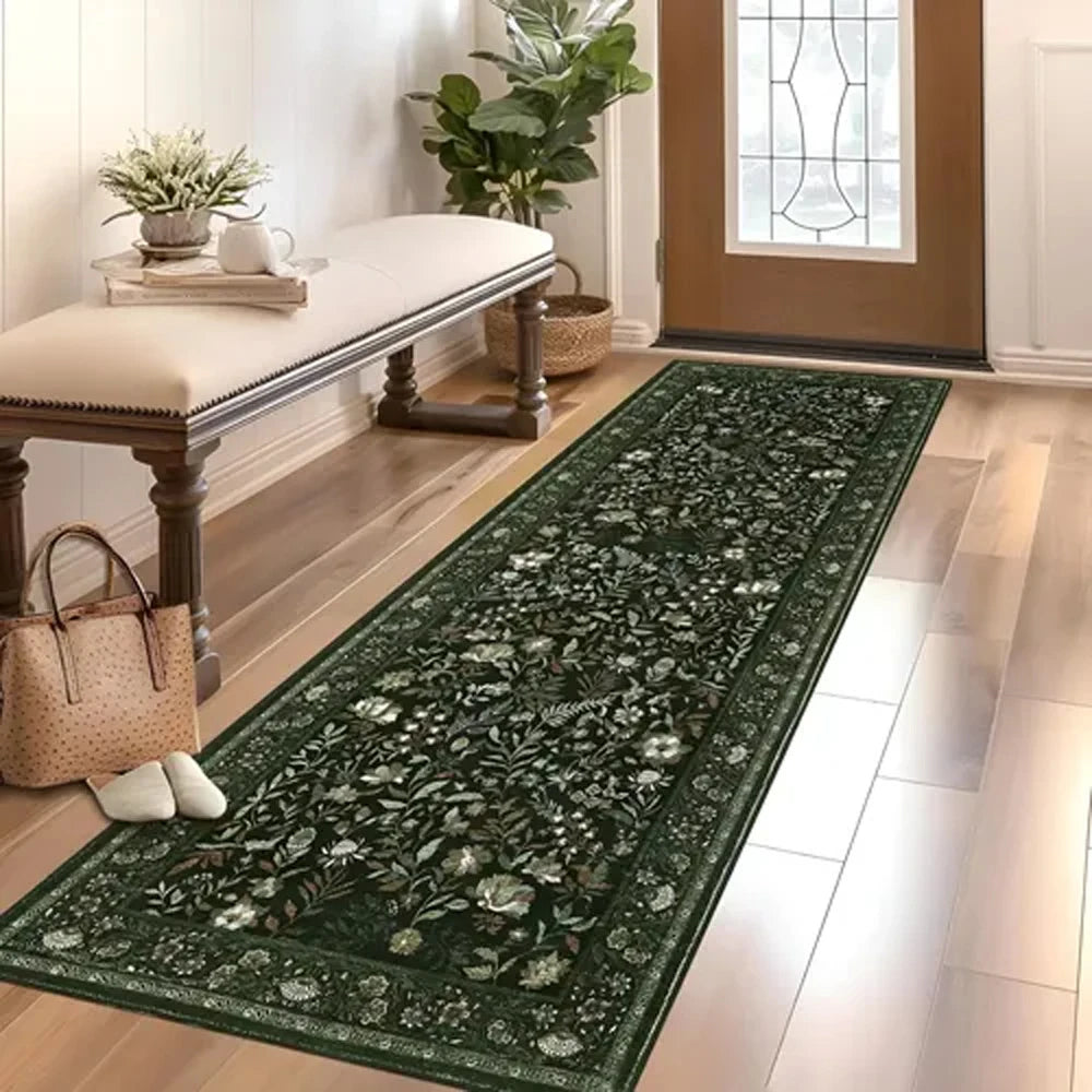 tapis runner floral vert foncé motifs végétaux décoratif moderne antidérapant polypropylène polyester