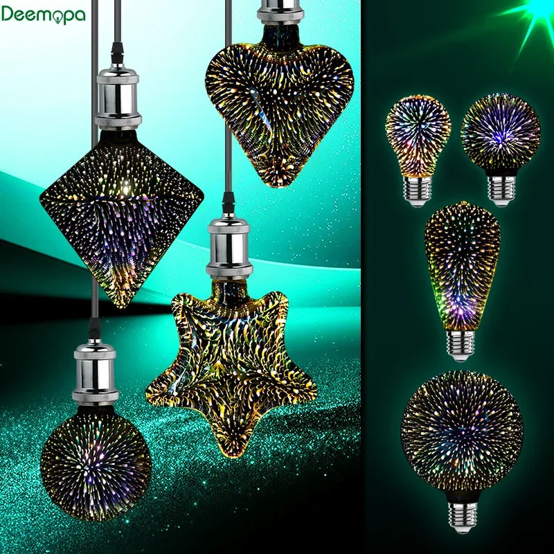 ampoule led décorative e27 effet feux d'artifice 3d multicolore vintage rétro noël