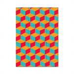 L'image présente un motif géométrique carrelé composé de cubes tridimensionnels dans des tons de rouge, bleu et orange, créant une impression vibrante et dynamique.