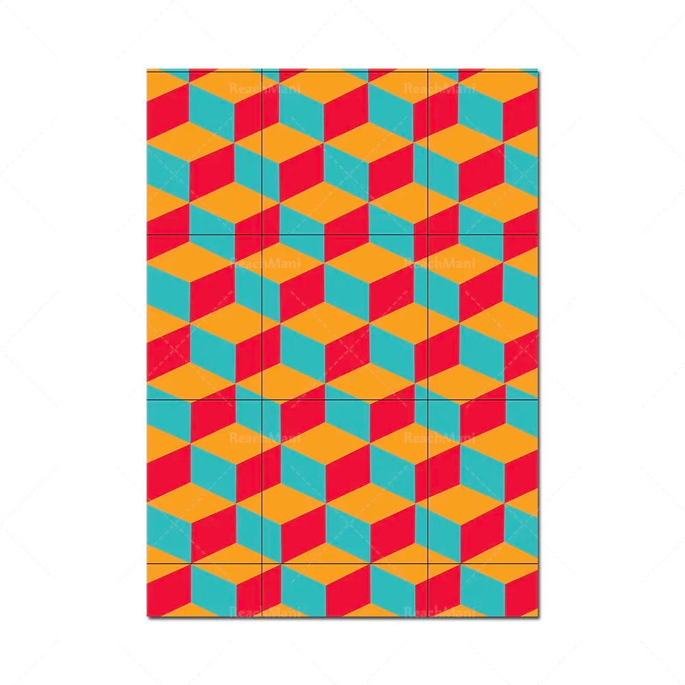 L'image présente un motif géométrique carrelé composé de cubes tridimensionnels dans des tons de rouge, bleu et orange, créant une impression vibrante et dynamique.