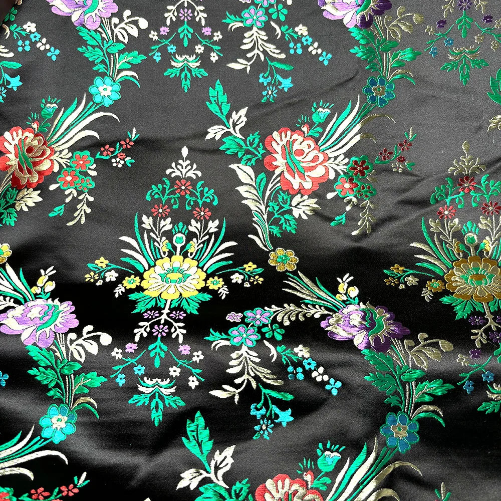 tissu brodé floral polyester opaque noir rose bleu violet traditionnel rapide respirant abrasion 75cm