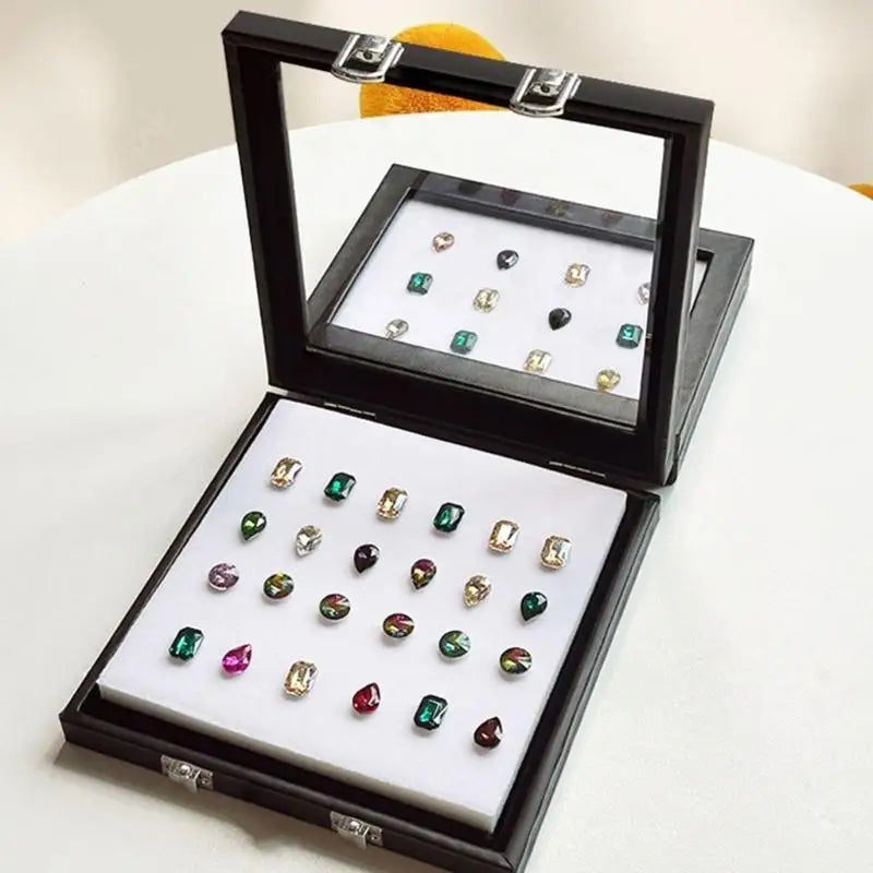 boîte bijoux noir classique clips acier inoxydable taille hinged organizer transparent white lining