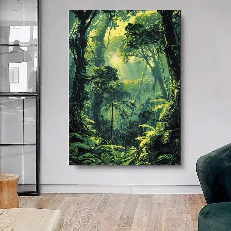 toile d'art forêt tropicale moderne sans cadre vert blanc gris chambre vertical