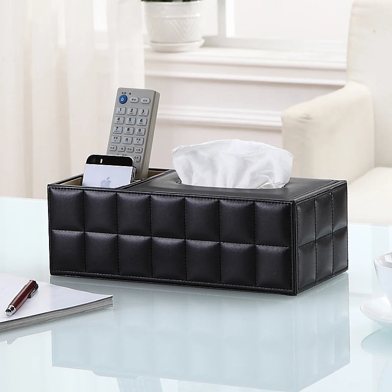 boîte rangement multifonction cuir noir moderne porte mouchoirs clips télécommandes papeterie respectueux environnement
