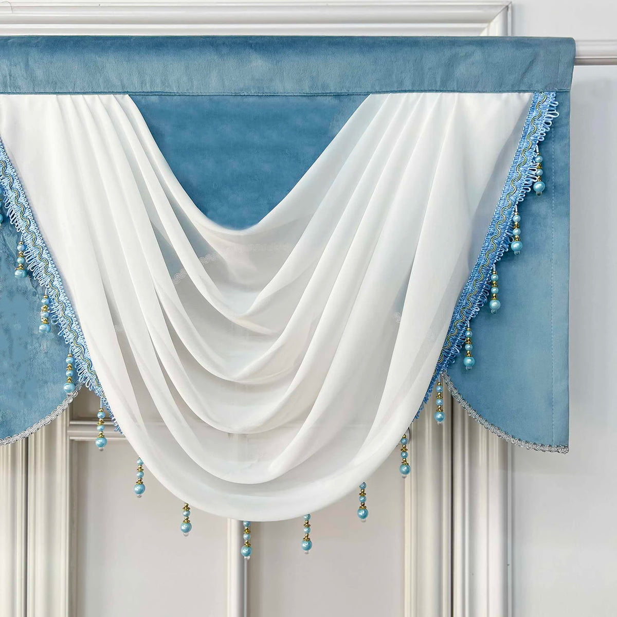 rideau velours bleu clair fleur élégant décoratives franges transparent salon chambre