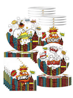 assiettes jetables multicolores illustration ville pop art kaboom pow wow anniversaire événement festif