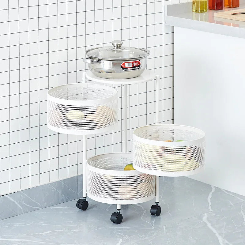 chariot roulettes multifonction moderne paniers rotatifs plateau supérieur grille métallique rangement cuisine blanc noir
