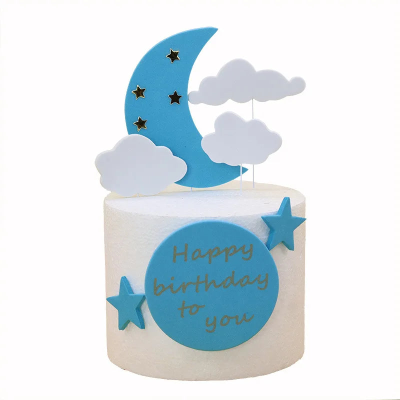 décoration gâteau anniversaire étoiles nuages lune sourire nuit bleu jaune rose