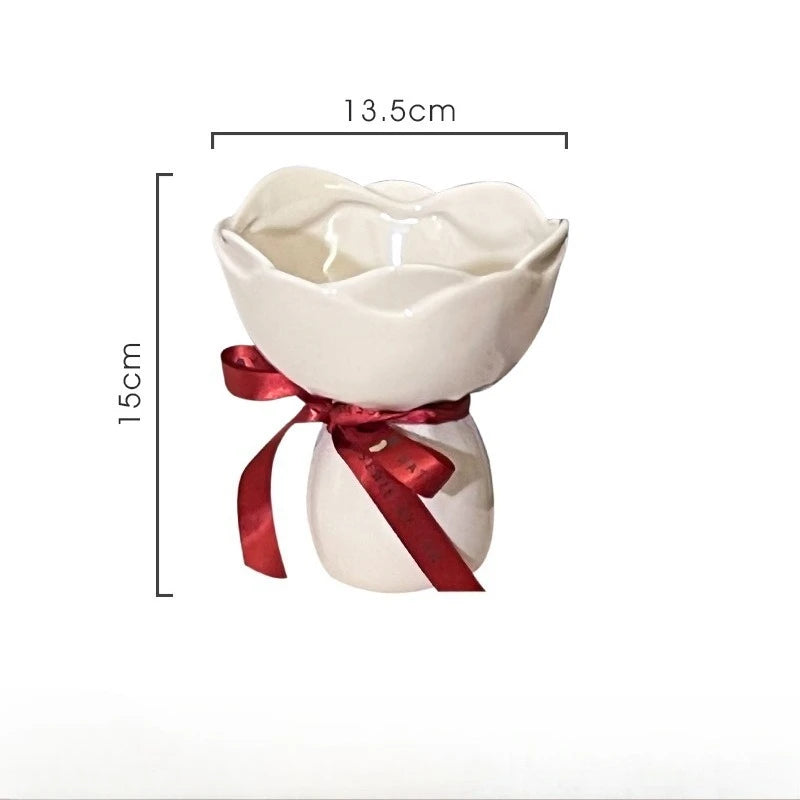 vase céramique moderne rouge vert rose décoratif ruban fleurs artificielles