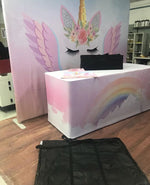 Backdrop photo studio licorne arc ciel table runner pieds métalliques sac transport rose blanc