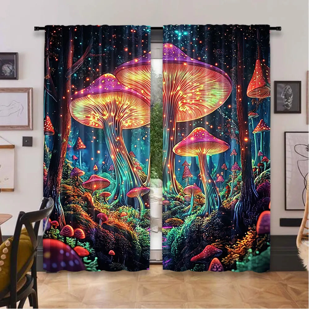 rideau polyester opaque champignons lumineux forêt fantastique couleur bleue verte rouge chambre salon