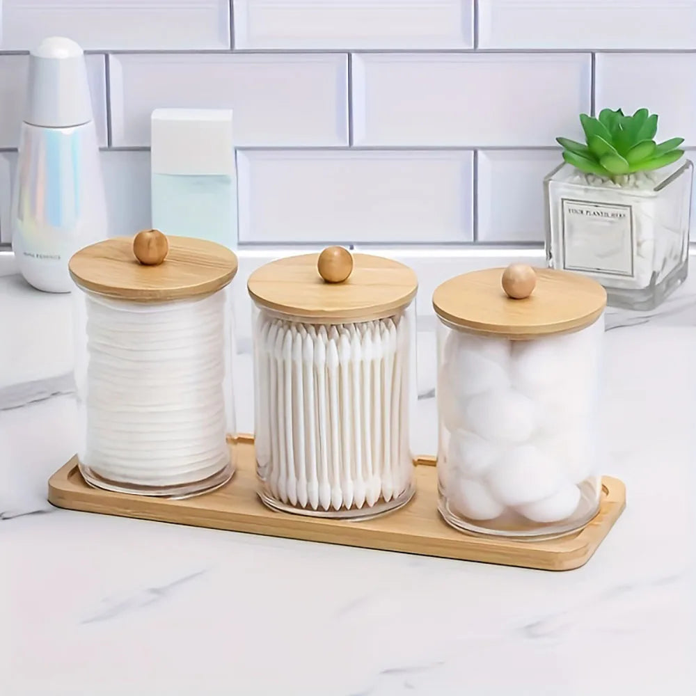 pots verre couvercles bois plateau rectangulaire coton cotons tiges démaquillants moderne minimaliste ensemble pièces