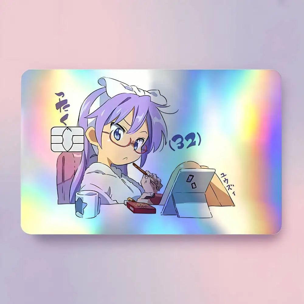 carte crédit personnalisée adhésive personnages animés holographique noir bleu vert arc ciel moderne illustratif
