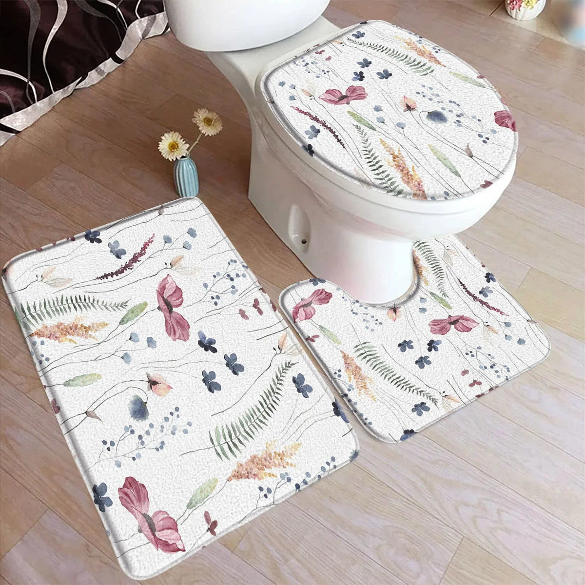 tapis toilette rose fleurs feuilles bain salle beige floral respectueux environnement trois pièces