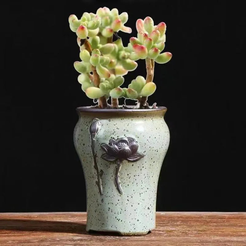 pots fleurs céramique glaçure abstraite bleu rose marron rustique plante verte artisanat
