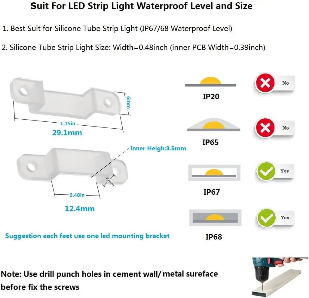 supports fixation ruban led transparent 8mm 10mm 12mm 16mm trou latéral pratique robuste étanche
