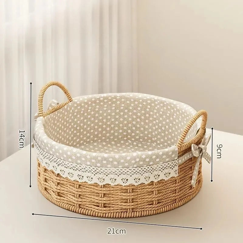 panier rangement tissu rustique points blancs beige poignées osier bordure dentelle entrée salon