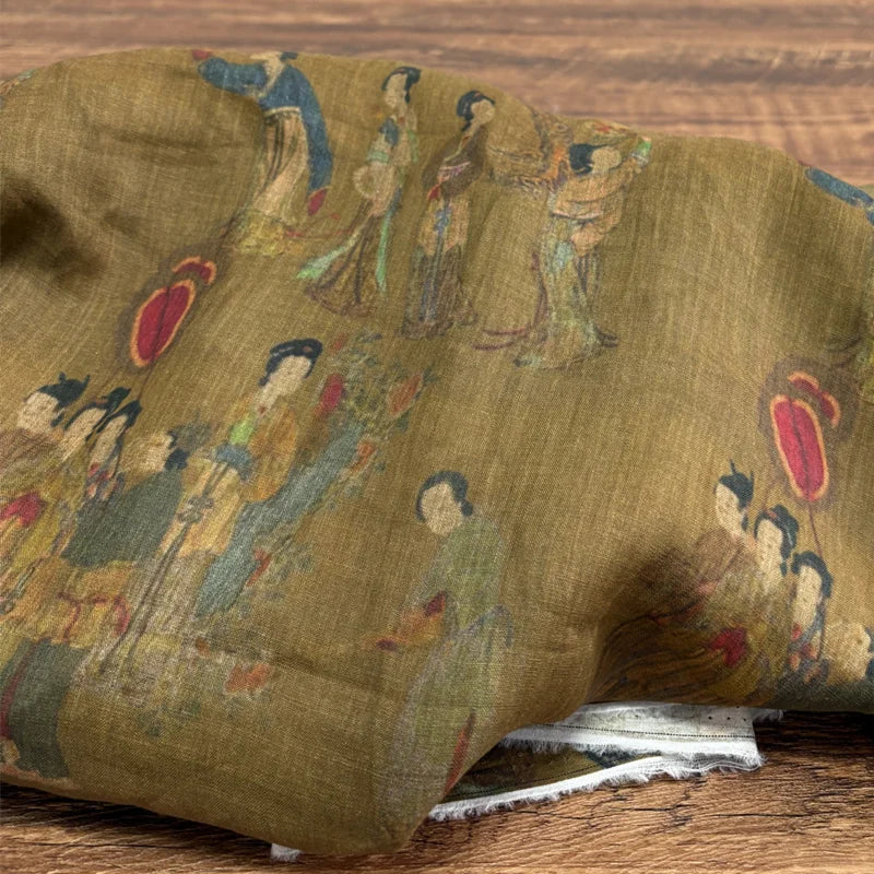 tissu brocart imprimé personnages traditionnels couleurs vert olive bleu rouge jaune beige classique bricolage