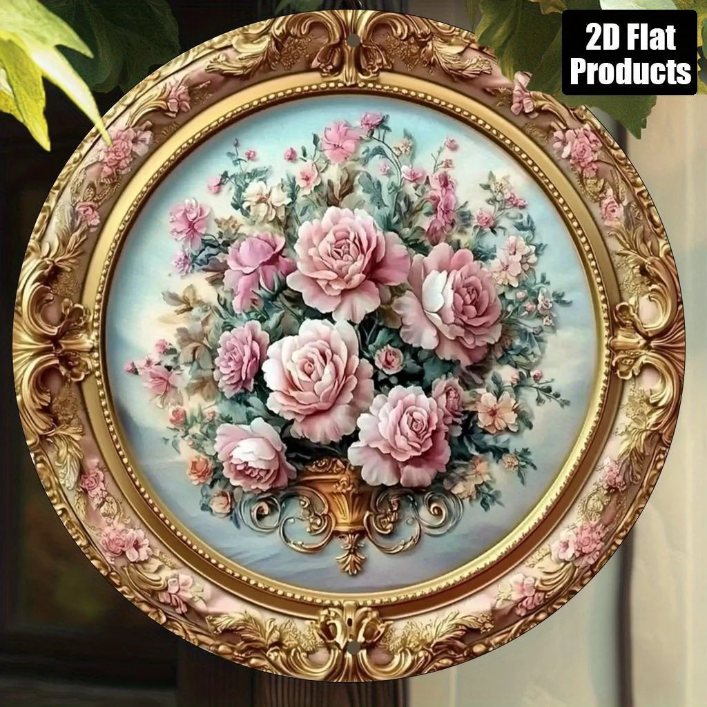 plaque murale fleurs roses blanches fond bleu cadre doré motif floral classique baroque 20cm