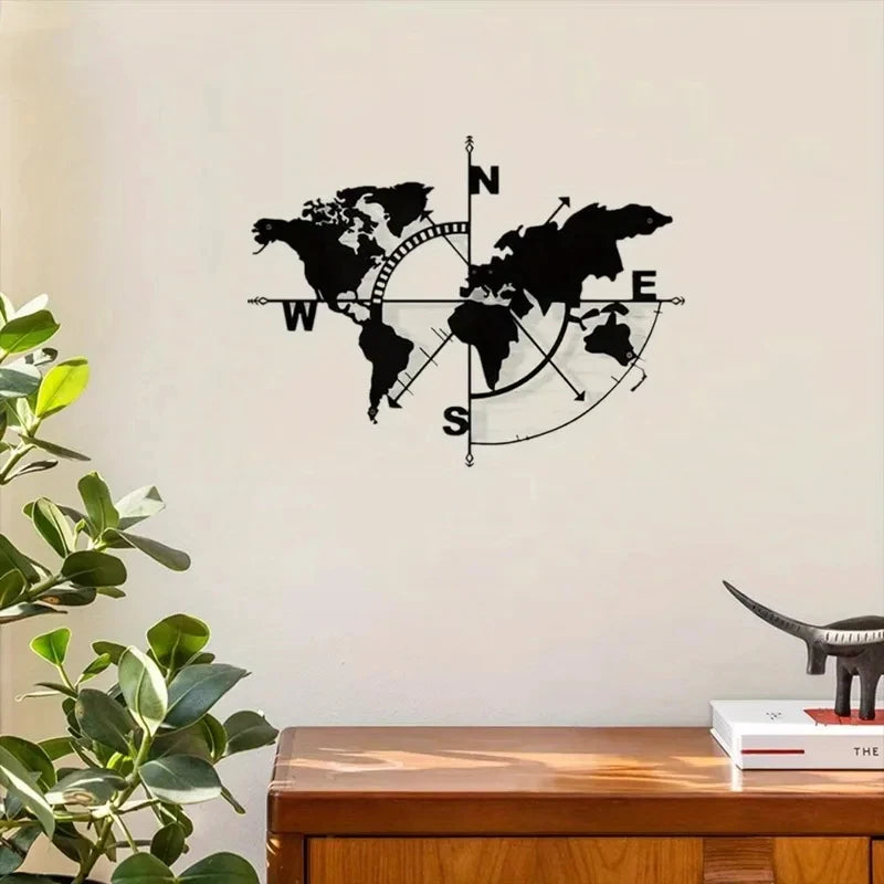 décoration murale carte monde compas métal noir cartographique moderne adhésif