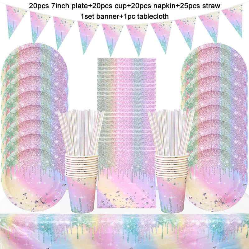 vaisselle jetable fête anniversaire moderne multicolore pailletée assiettes tasses serviettes pailles bannière happy birthday