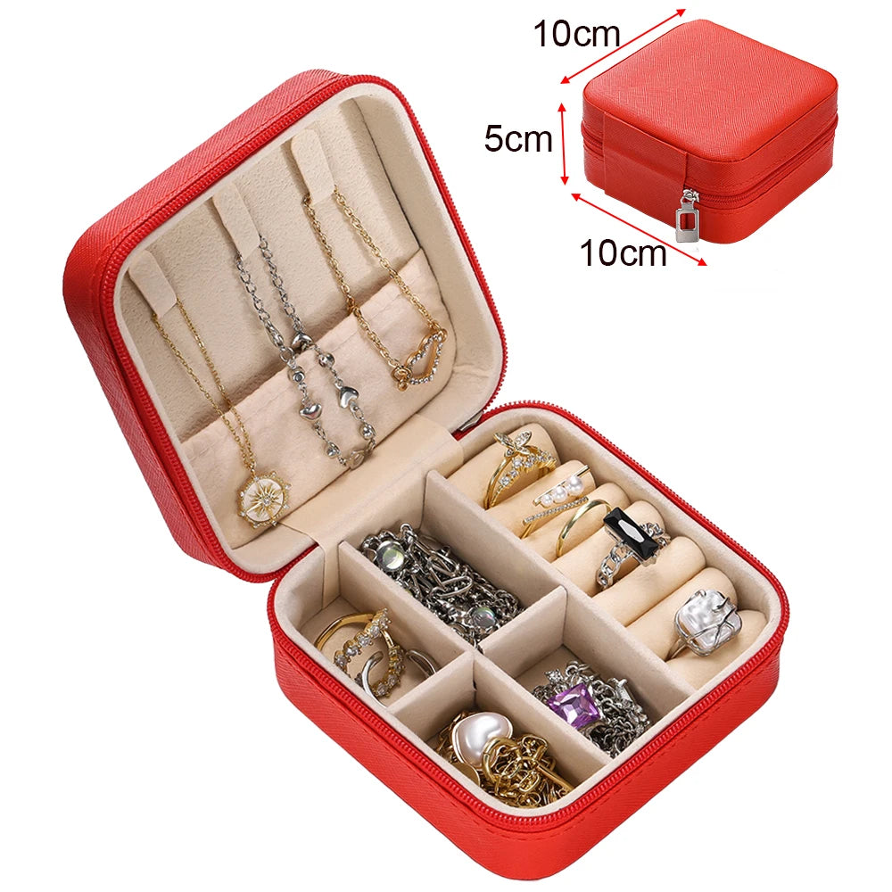 boîte bijoux simili cuir moderne compartiments noir vert rose clair orange fermeture éclair portable
