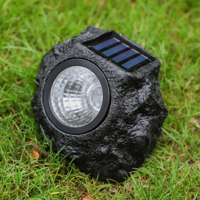 lampe solaire moderne noire aspect roche imitation pierre extérieure jardin imperméable led