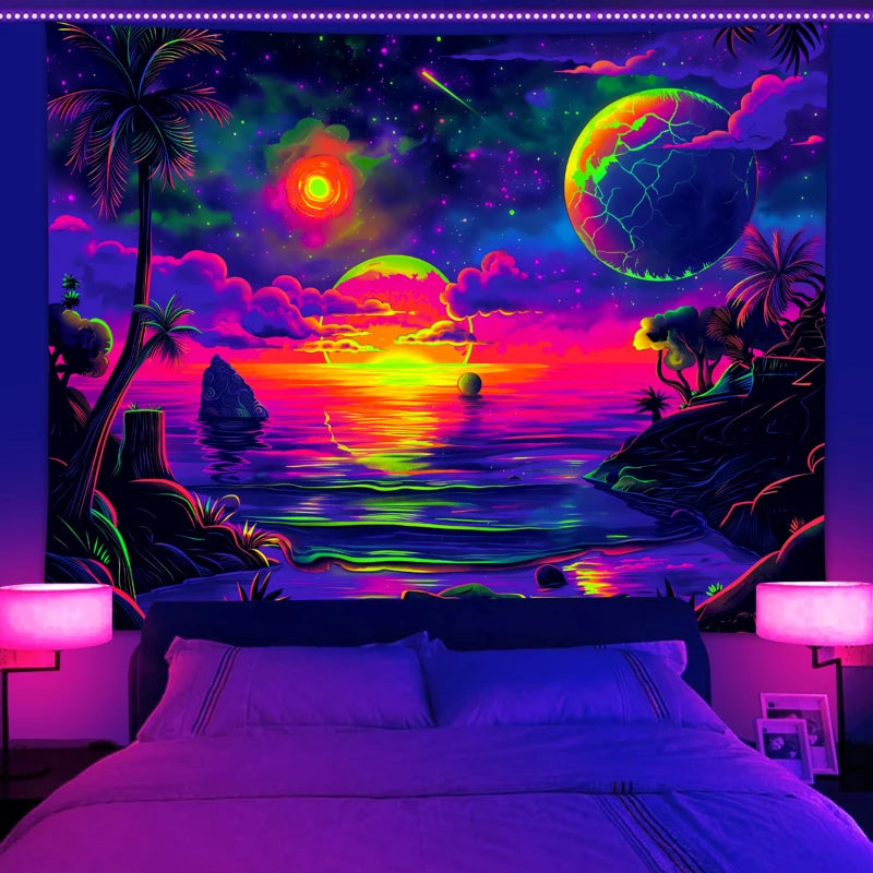 tapisserie moderne paysage marin palmiers couchant soleil planètes étoiles nuages clips violet rose jaune