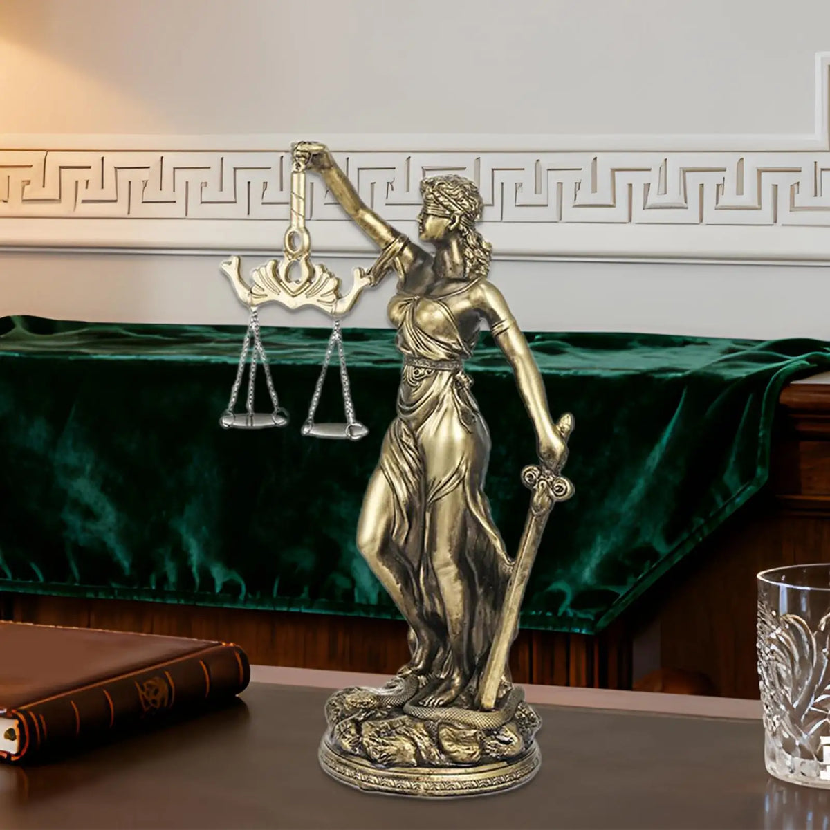 statue justice dorée sculptural maison livres lampes classique détaillée motifs décoratifs base