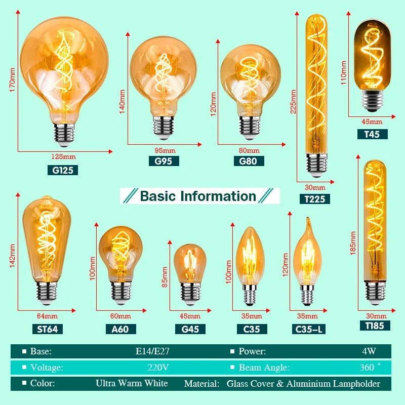 ampoule led filament spiralée vintage or e14 4w 220v g125 g95 t225 a60