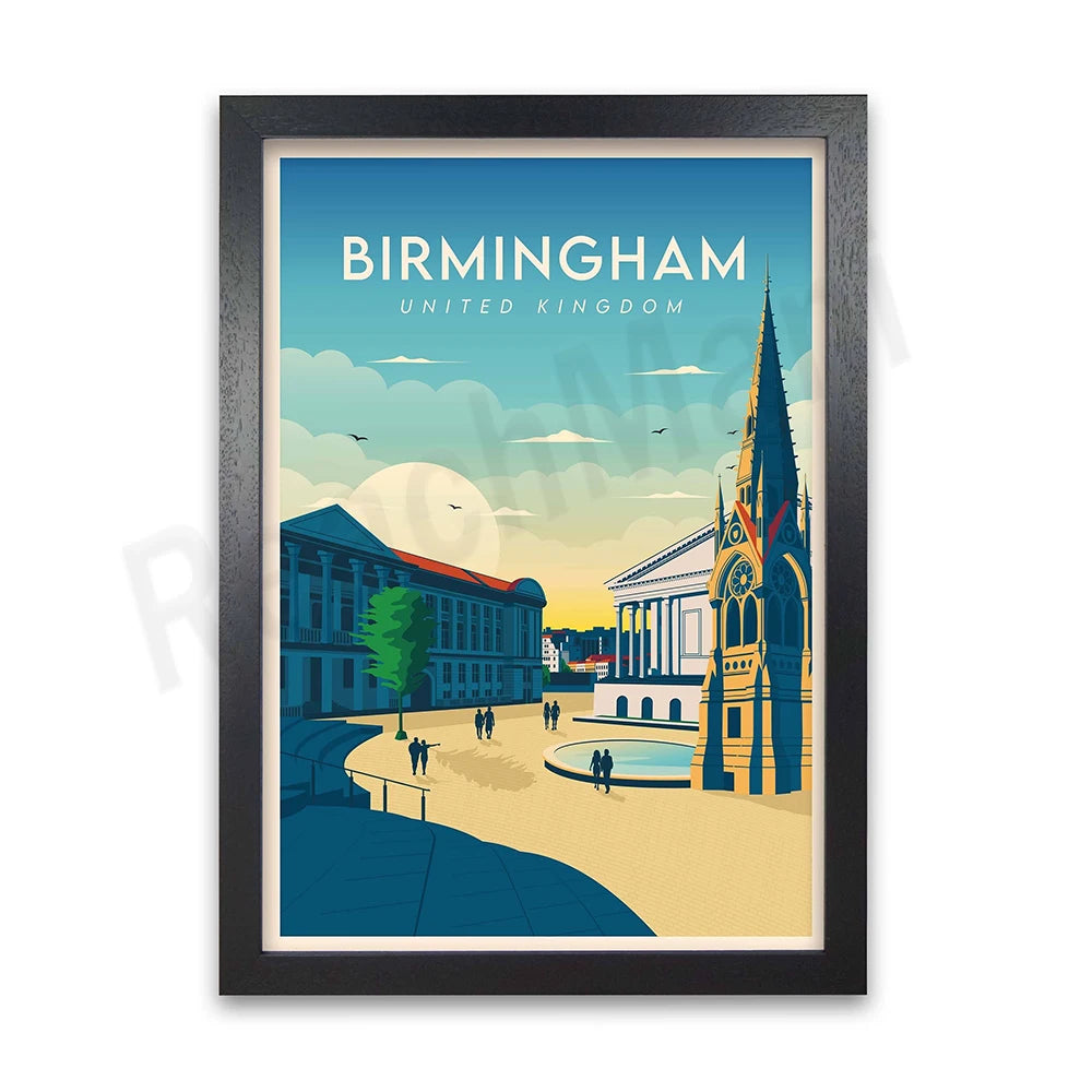 Affiche rétro illustrant les attractions touristiques de Birmingham, au Royaume-Uni, avec des bâtiments emblématiques et un paysage urbain pittoresque sous un ciel bleu.