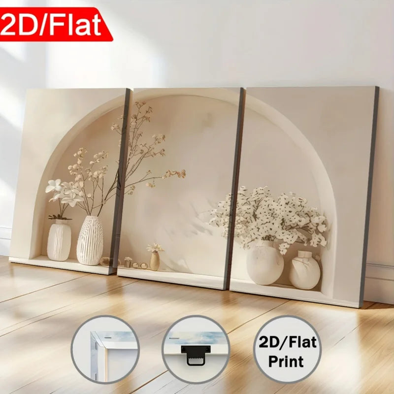 tableaux mural nature morte fleurs blanches vase blanc arche beige moderne encadrés miroir clips