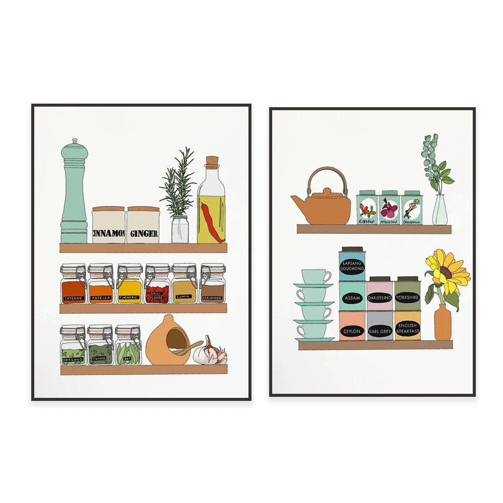 Deux étagères remplies d'épices, d'herbes, de thés et d'accessoires de cuisine dans un style vintage et coloré.