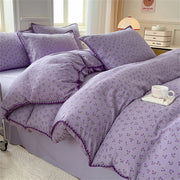 Parure de lit 4 pièces en microfibre lavée violet fleuri pour chambre adulte ou enfant