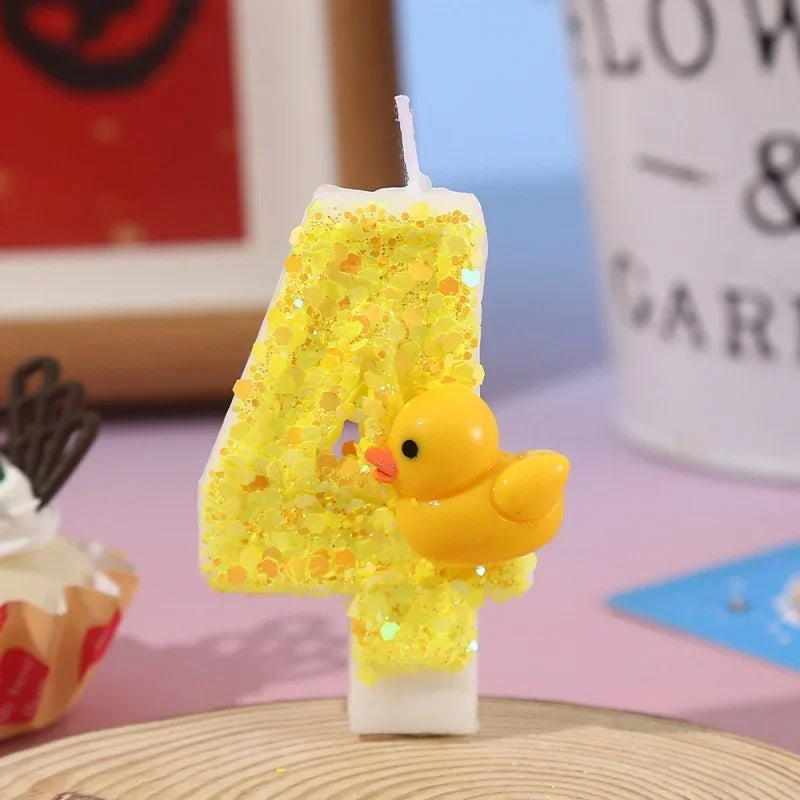 bougies chiffres canard jaune paillettes dorées anniversaire décoration enfantino festive opaques