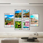 Un ensemble de panneaux touristiques colorés et vibrants mettant en valeur les paysages magnifiques et l'architecture fascinante de destinations telles que le Guatemala, Cuba et le Costa Rica.