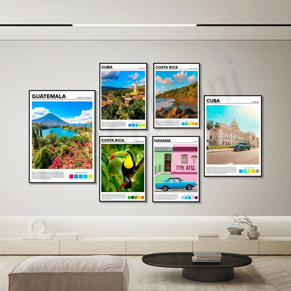 Un ensemble de panneaux touristiques colorés et vibrants mettant en valeur les paysages magnifiques et l'architecture fascinante de destinations telles que le Guatemala, Cuba et le Costa Rica.