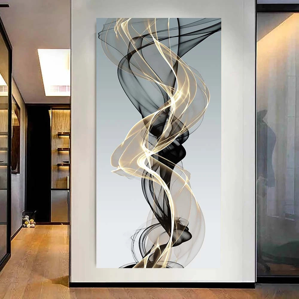 impression toile abstraite moderne vagues fluides noir doré gris clair 40x80 cm 50x100 cm