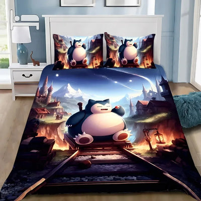 Housse de couette Snorlax 3D anime vert clair sur lit d'enfant