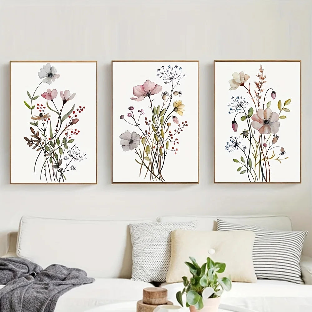 toile d'art moderne minimaliste fleurs feuilles papillons abeilles beige blanc gris vert rose marron