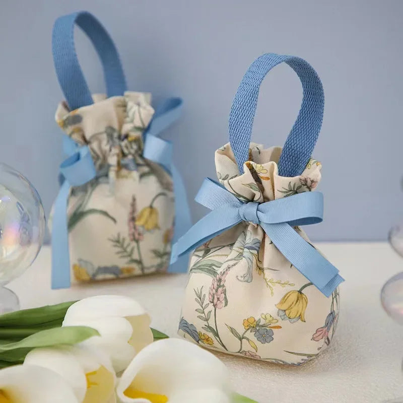 sac bonbons portable toile motif floral ruban blanc réutilisable emballage cadeau mariage anniversaire noël