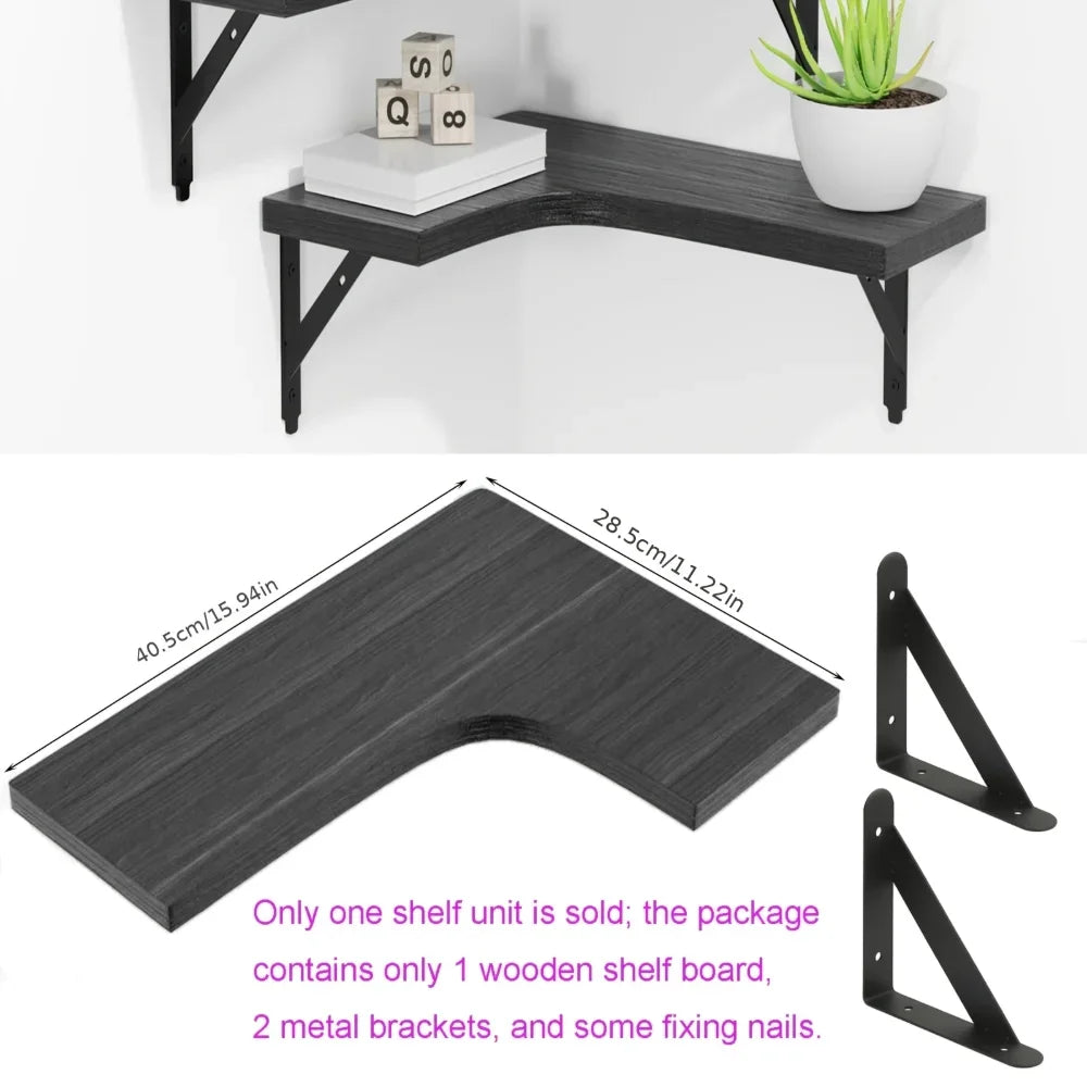 étagère d'angle bois texturé noir supports métalliques fixation mur moderne rustic decoration