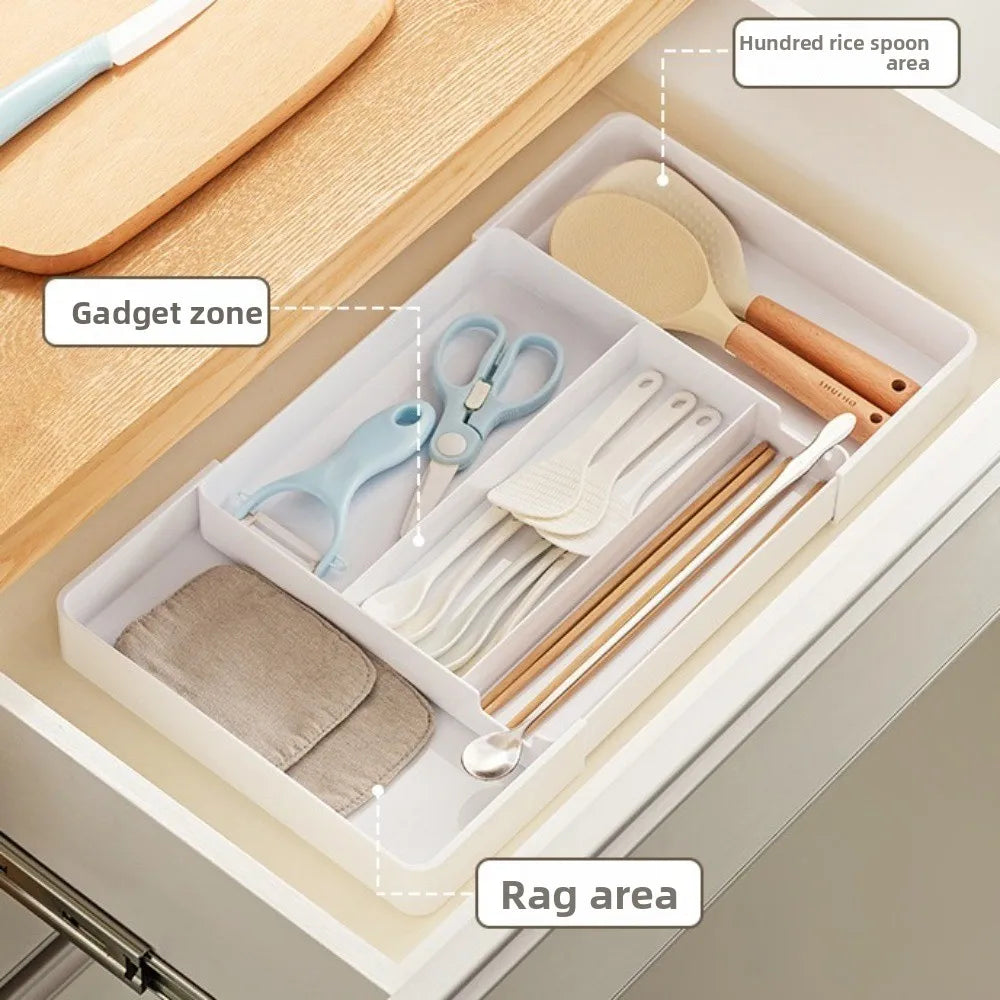 organisateur tiroir modulaire blanc rangement ustensiles cuisine minimaliste boîte papeterie rétractable conteneurs multifonctionnels