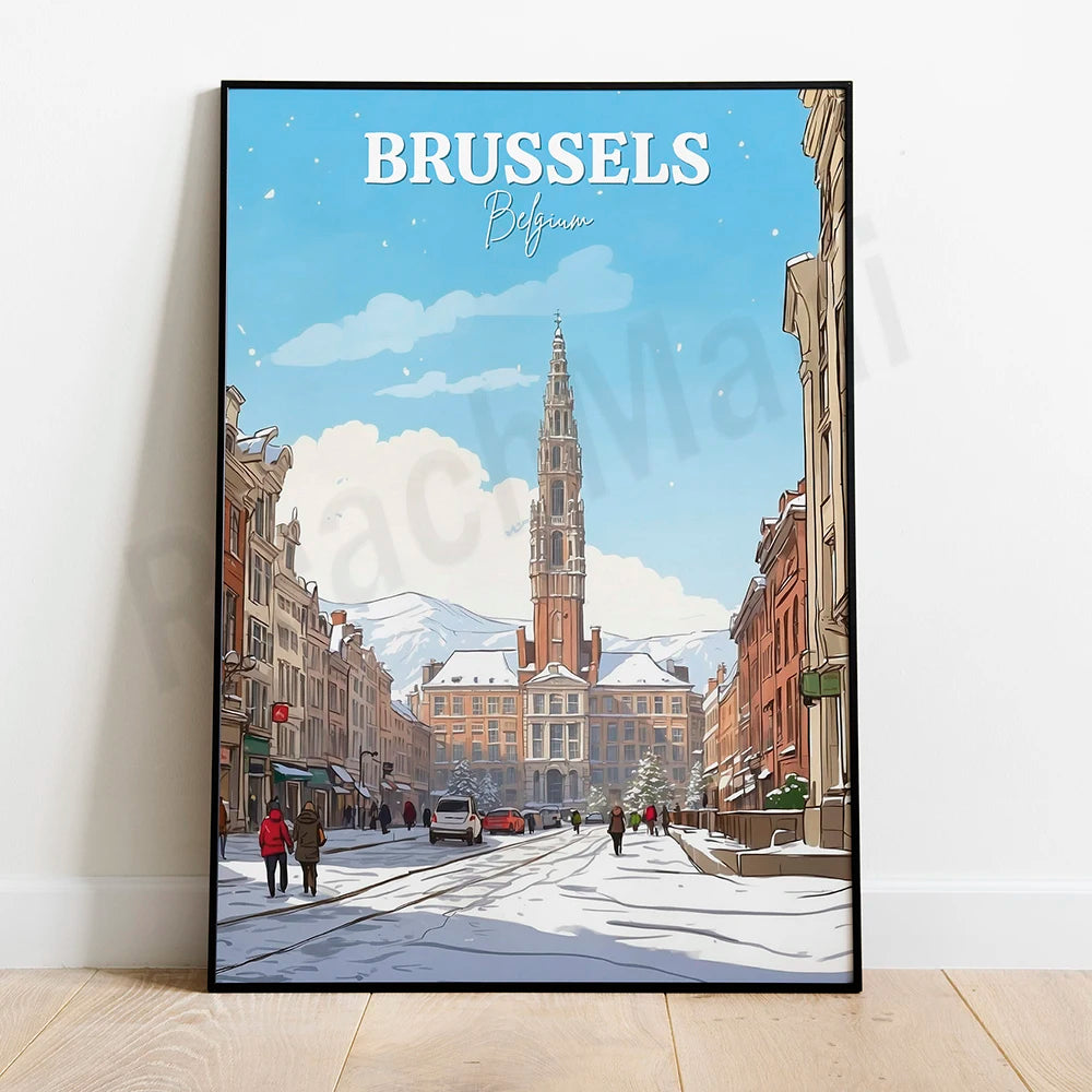 Une belle illustration de la ville de Bruxelles, en Belgique, avec son célèbre hôtel de ville et ses rues animées sous la neige.