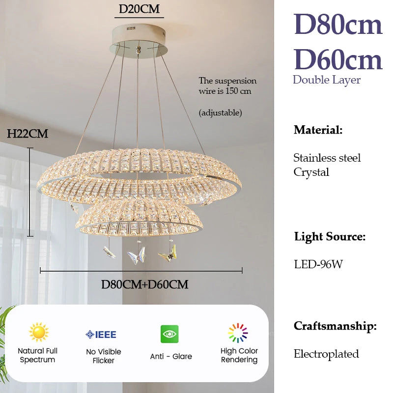 suspension lumineuse moderne cristal facettes papillons argentés interrupteur tactile 80cm diamètre
