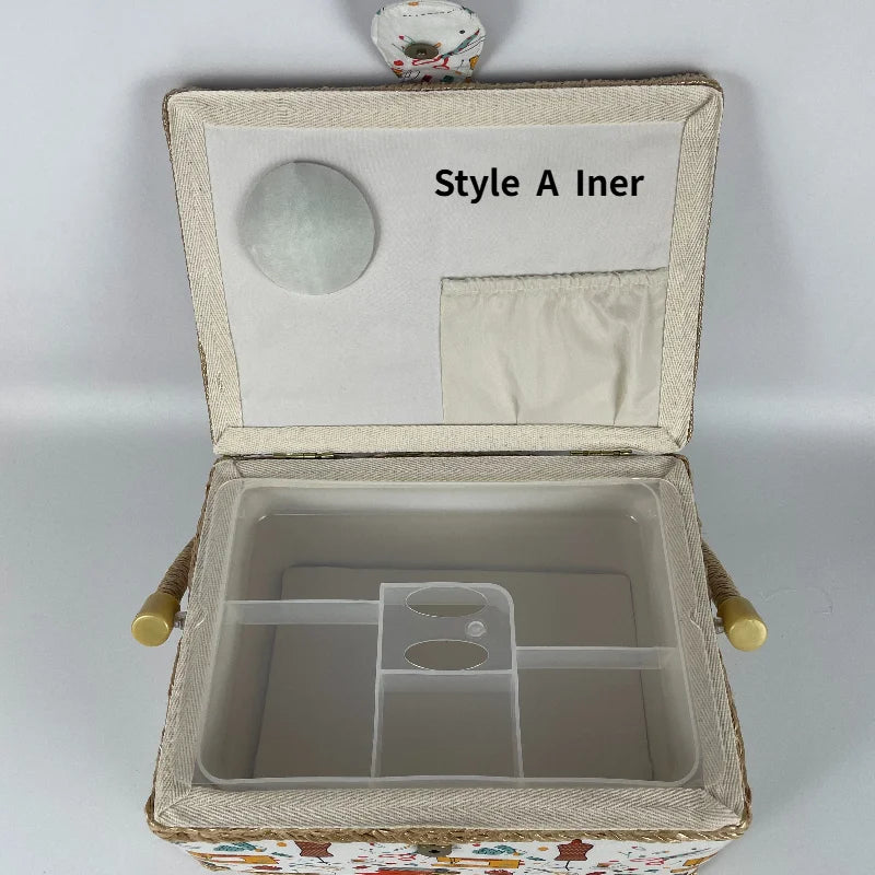 boîte couture rose clair rangement couture tissu imprimé poignée bois sac aiguilles européen doré