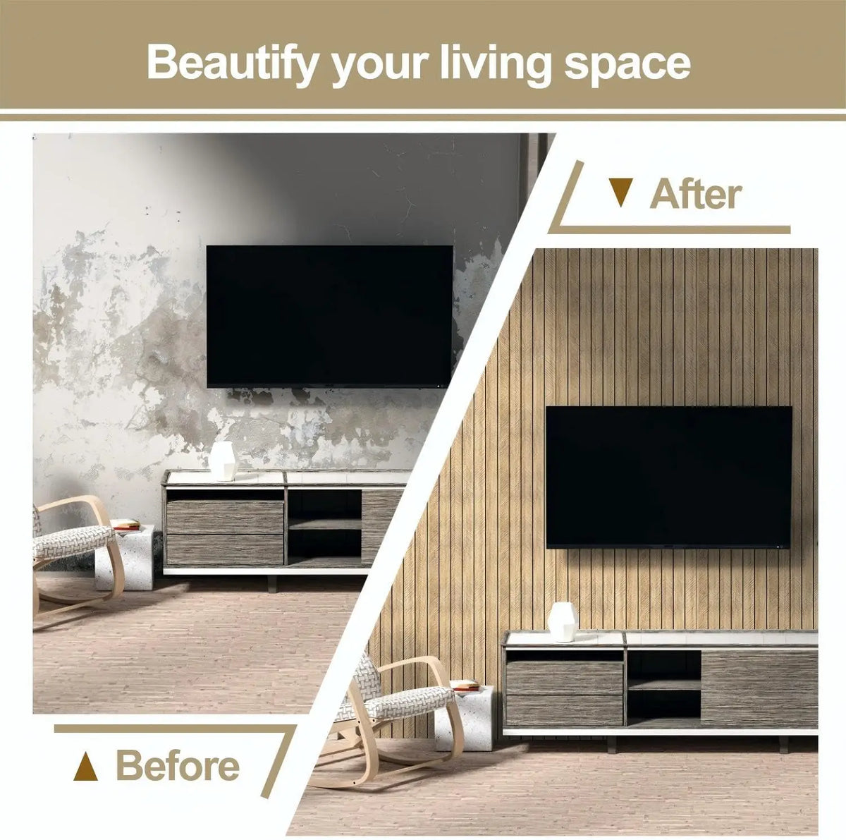 panneau décoratif moderne rayures horizontales adhésif pvc résistant beige clair mur autocollant